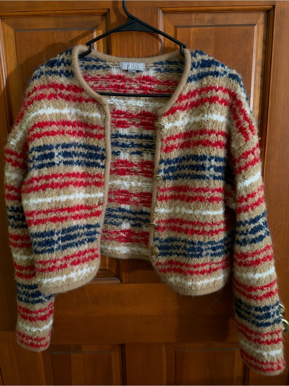 J. Crew Red Navy Tan Striped Fuzzy Button-Front Cardigan